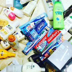 body care products on a kitsch floor like a flat lay