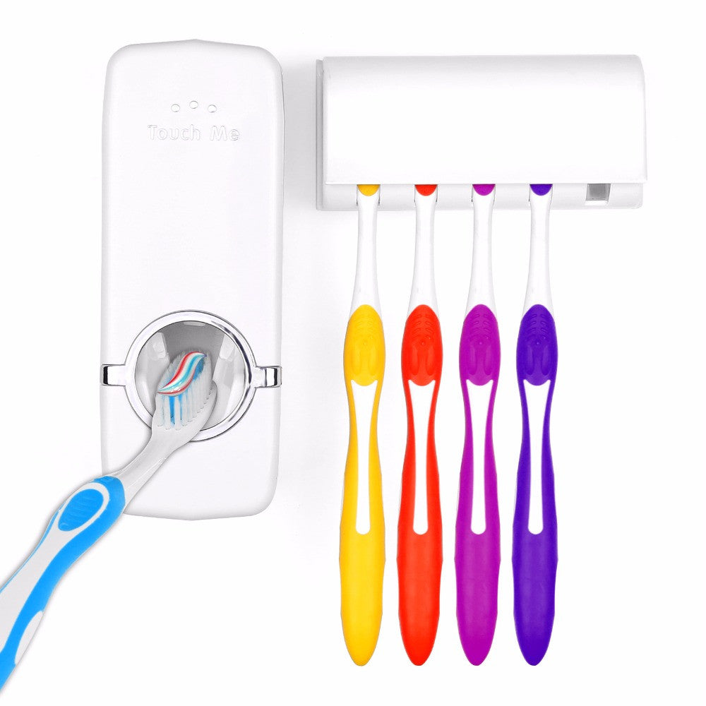 Auto toothpaste dispenser and toothbrush holder