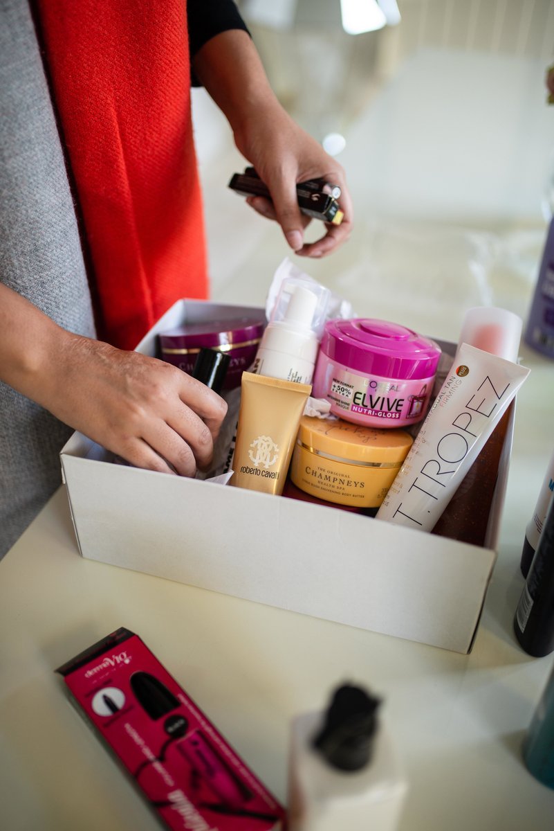 A Collection of toiletries on a kitchen side
